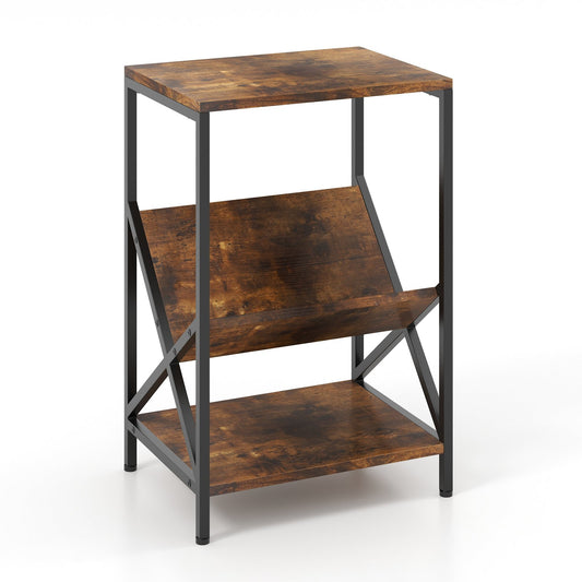 3-Tier Industrial Side Table with V-shaped Bookshelf for Living Room, Rustic Brown
