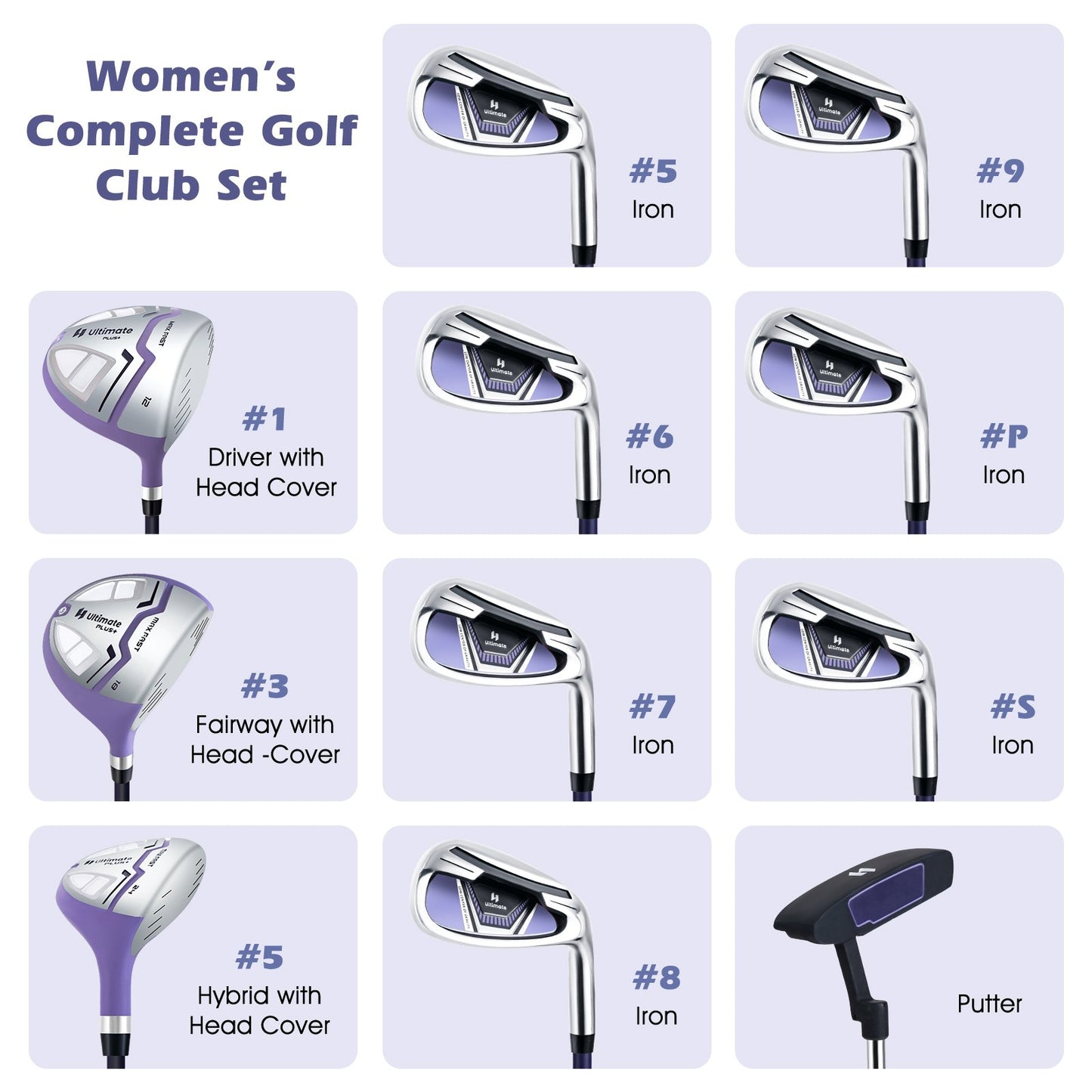 Women's Complete Golf Club Set Right Hand with Rain Hood, Purple