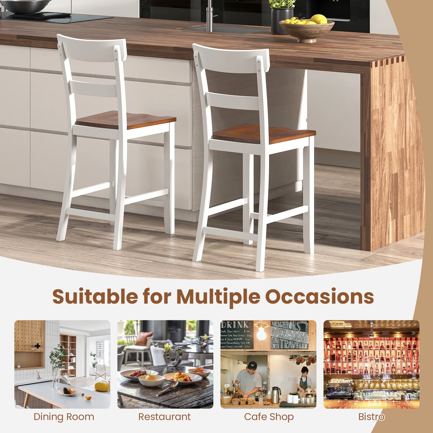 Farmhouse Dining Bar Stool Set, Solid Rubber Wood Frame, White Dining Chairs at Gallery Canada