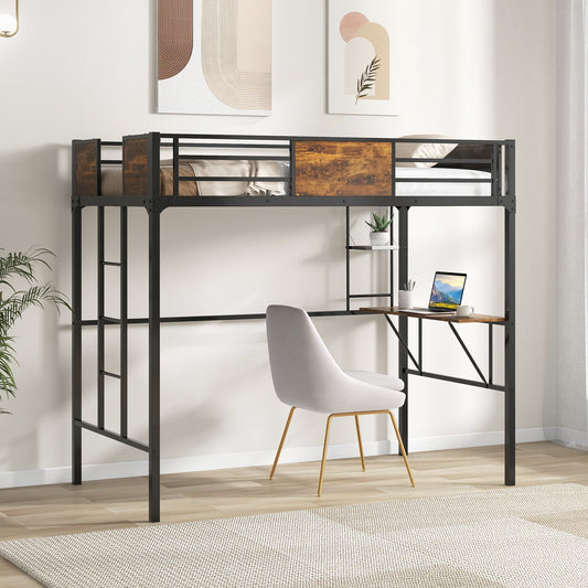 Twin Size Metal Loft Bed with Desk Storage Shelf and Build-in Ladder-Twin Size, Black Bunk Bed Frame Black at Gallery Canada