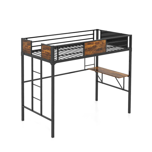 Twin Size Industrial Metal Loft Bed with Desk Storage Shelf and Build-in Ladder-Twin Size, Black