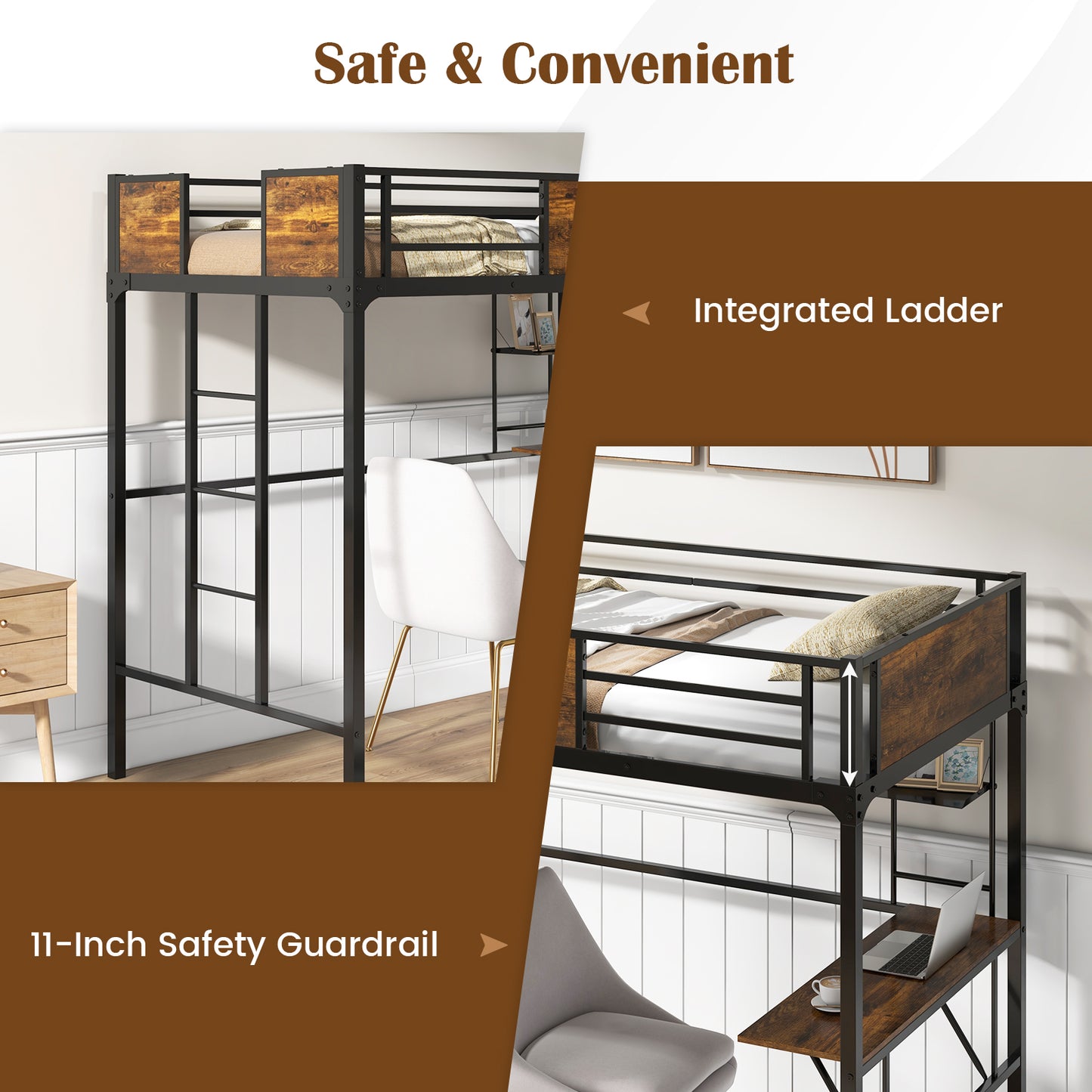 Twin Size Metal Loft Bed With Desk, Storage Shelf, Built-In Ladder, Black Bunk Bed Frame at Gallery Canada