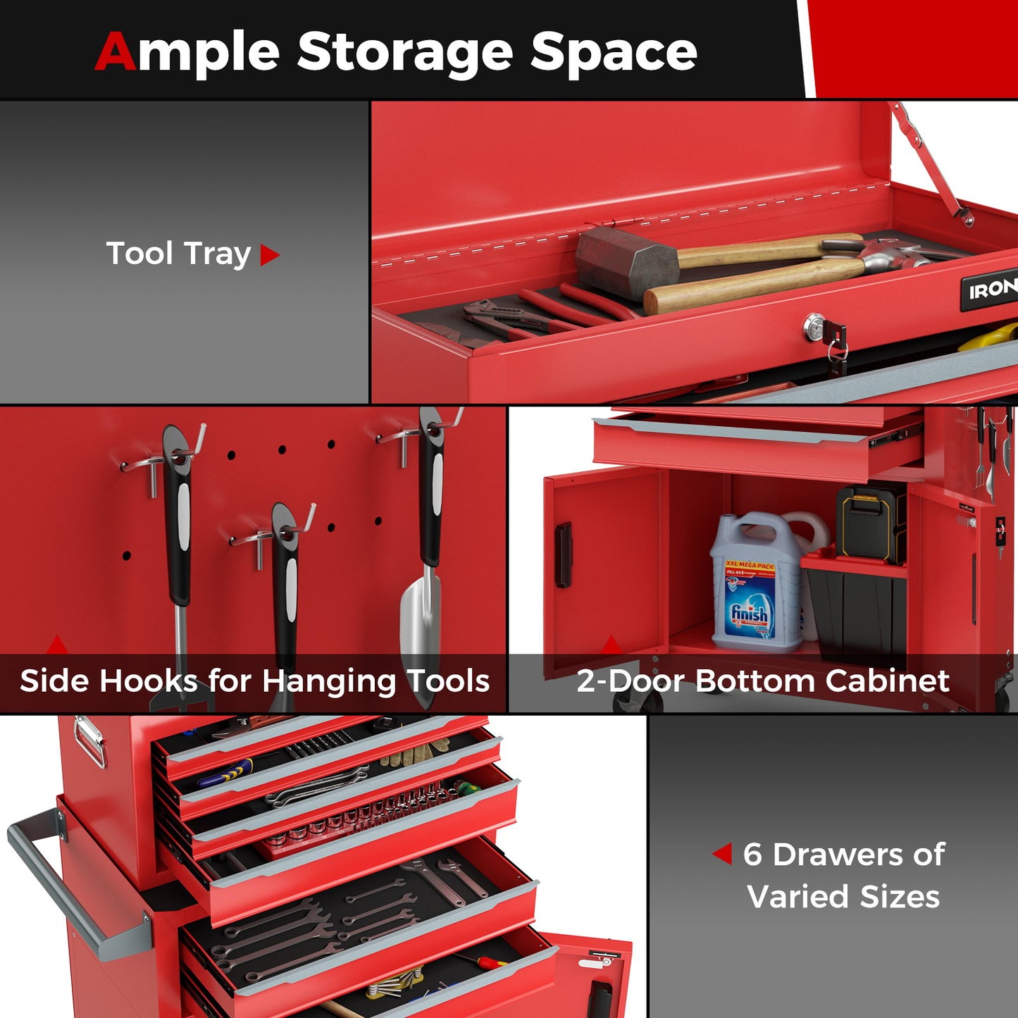 6-Drawer Rolling Tool Storage Chest Cabinet with Universal Wheels and Hooks, Red