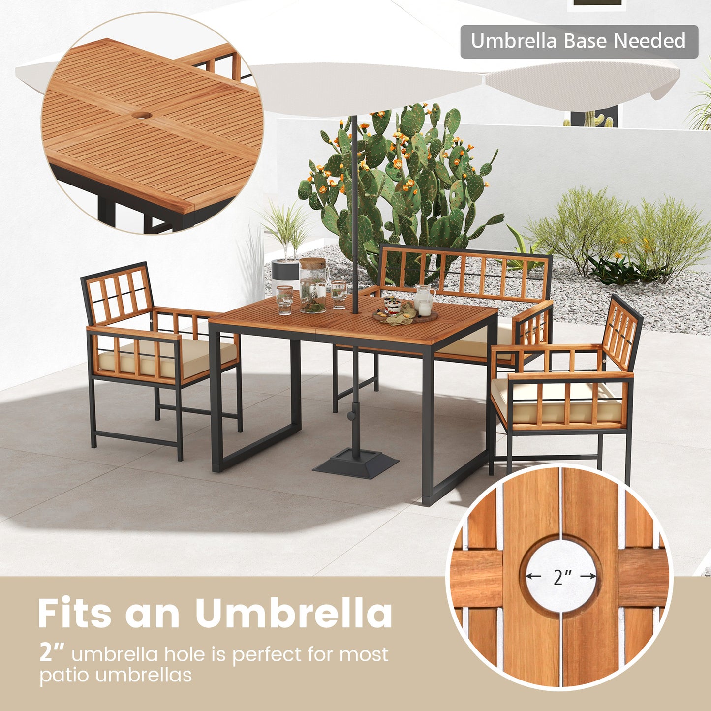 4 Piece Acacia Wood Patio Dining Set, Rectangular Table, Natural Patio Dining Sets at Gallery Canada