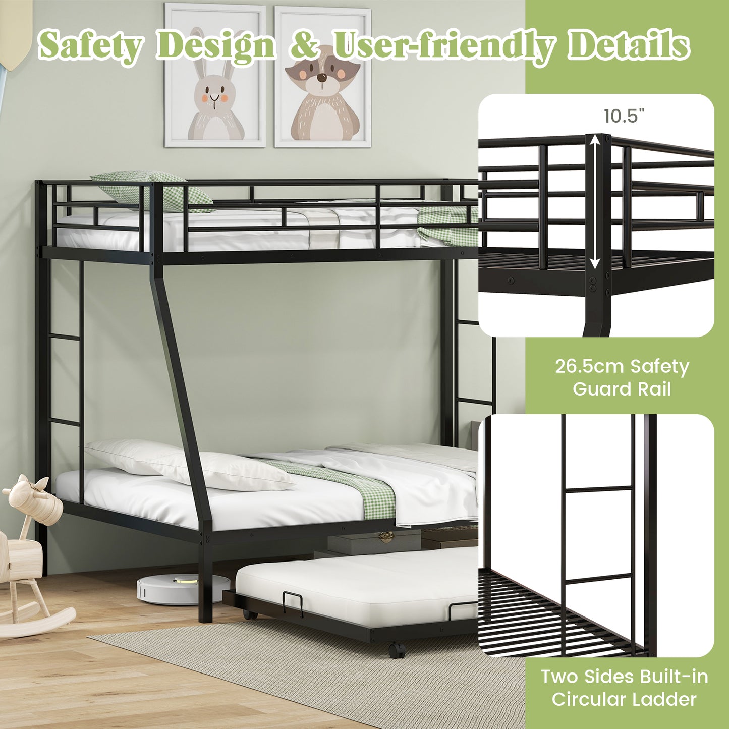 Twin Over Full Bunk Bed Frame with Trundle for Guest Room, Black Bunk Bed Frame at Gallery Canada