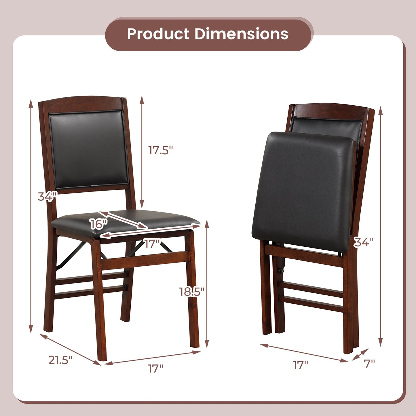 Set of 2 Folding Dining Chairs with Padded Seat and High Backrest, Brown
