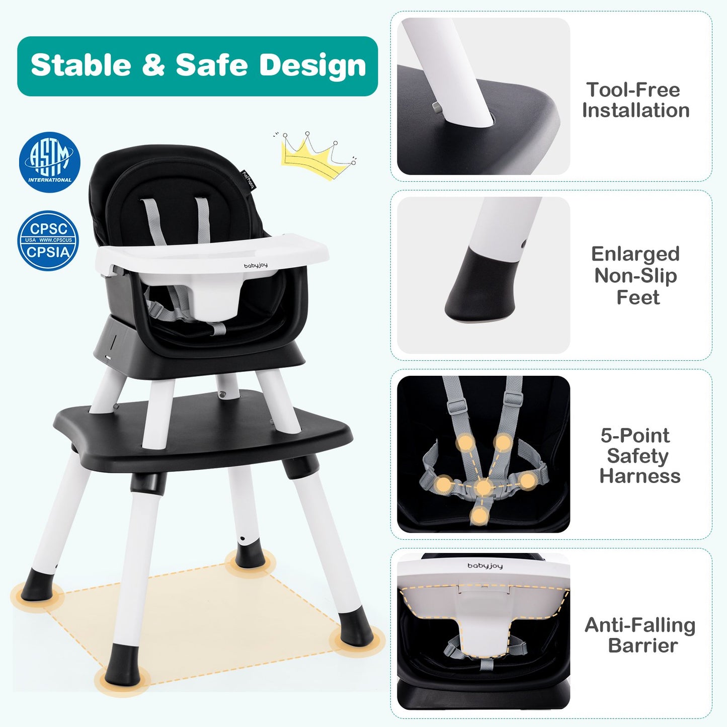 6-in-1 Convertible Baby High Chair with Adjustable Removable Tray, Black