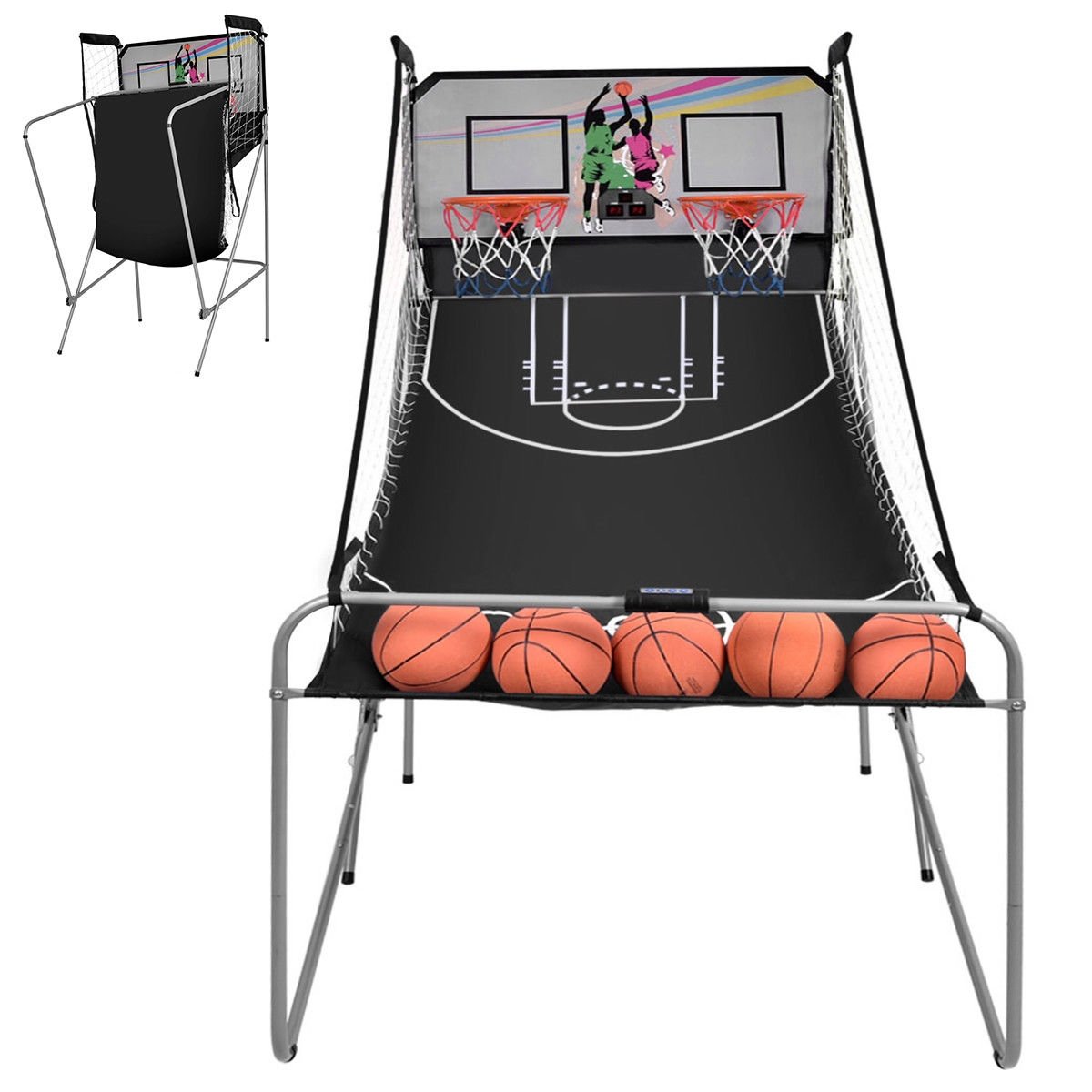 Indoor Double Electronic Basketball Game with 4 Balls-Grey, Gray