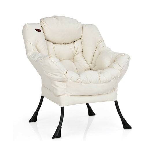 Modern Polyester Fabric Lazy Chair with Steel Frame and Side Pocket, Beige