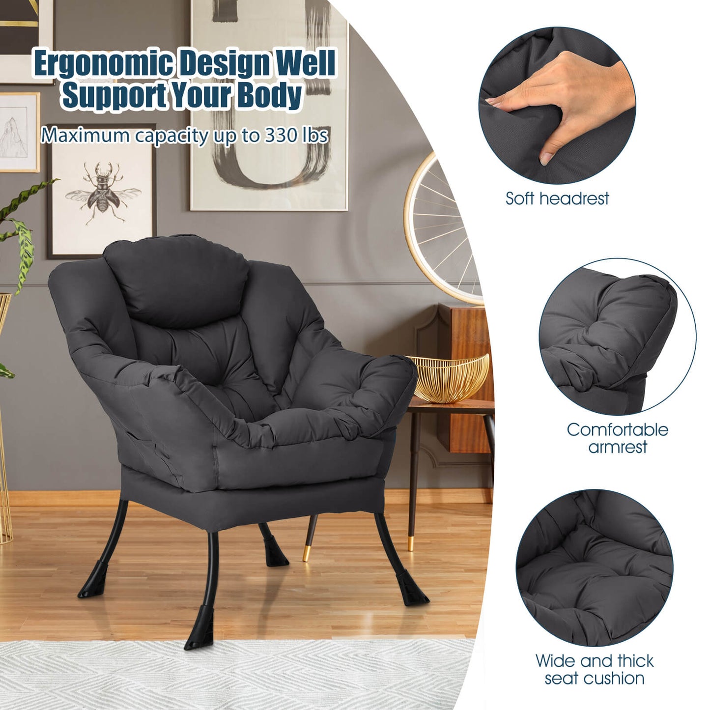 Modern Polyester Fabric Lazy Chair, Steel Frame, Side Pocket, Gray Accent Chairs at Gallery Canada