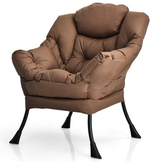 Modern Polyester Fabric Lazy Chair with Steel Frame and Side Pocket, Brown