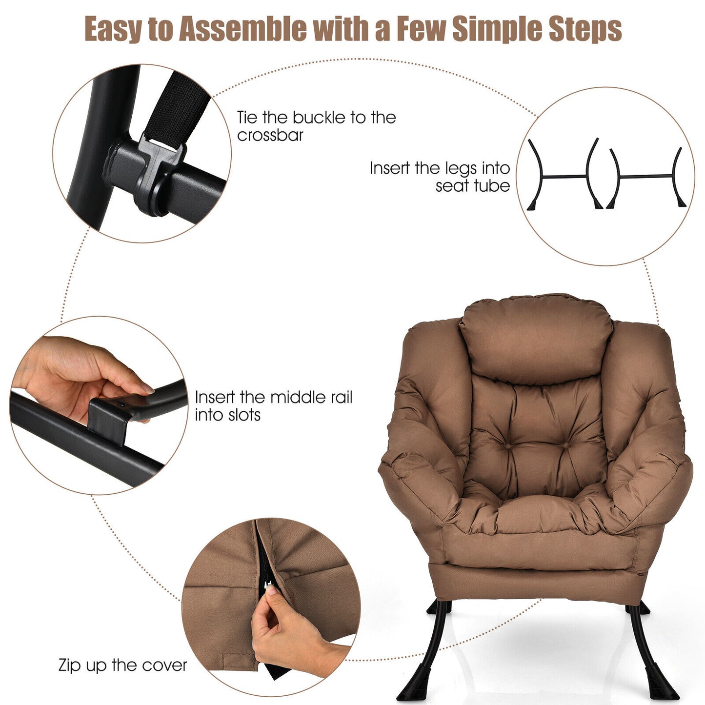 Modern Polyester Fabric Lazy Chair, Steel Frame, Side Pocket, Brown Accent Chairs at Gallery Canada