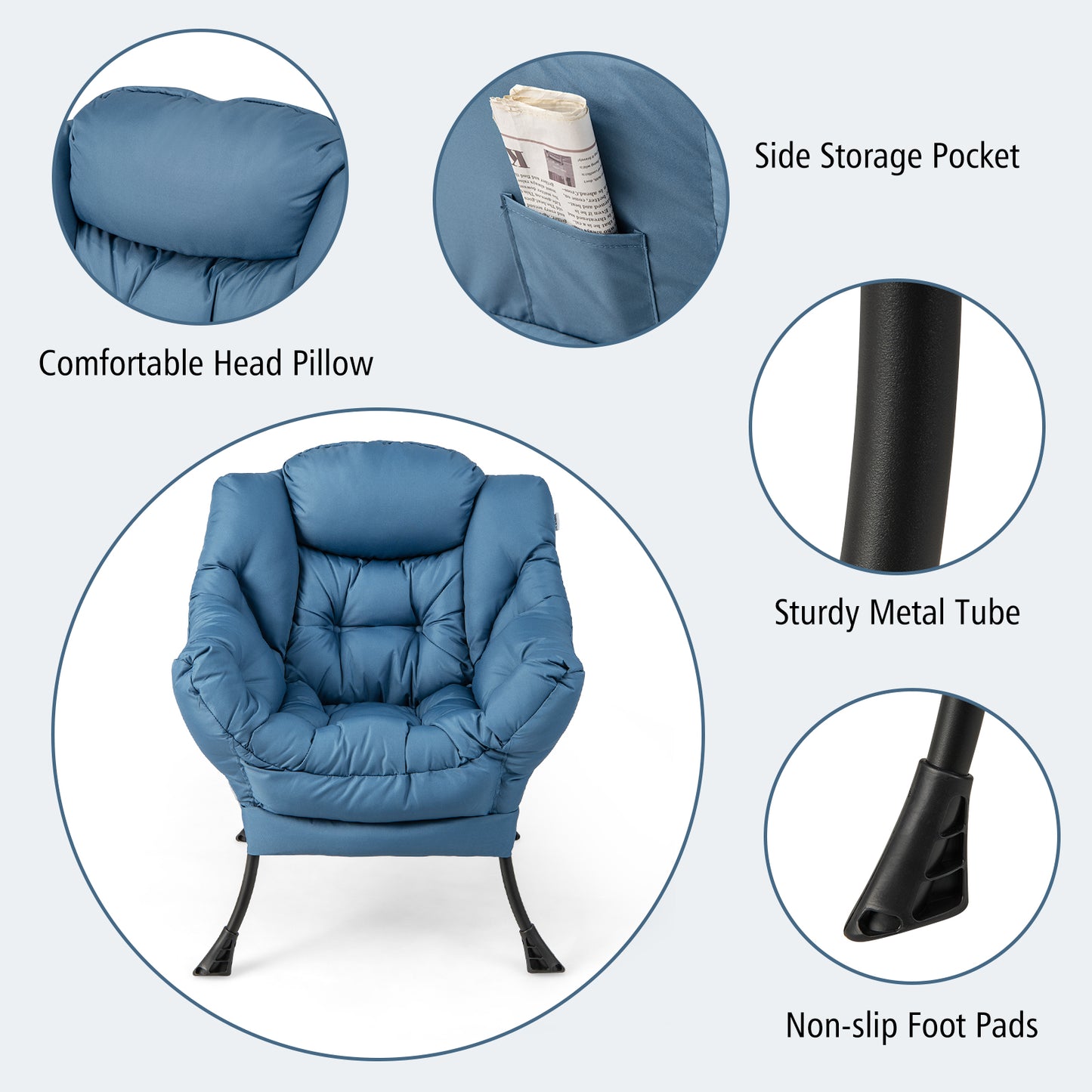 Modern Accent Sofa Chair, Folding Footrest, Side Pocket, Navy Accent Chairs at Gallery Canada