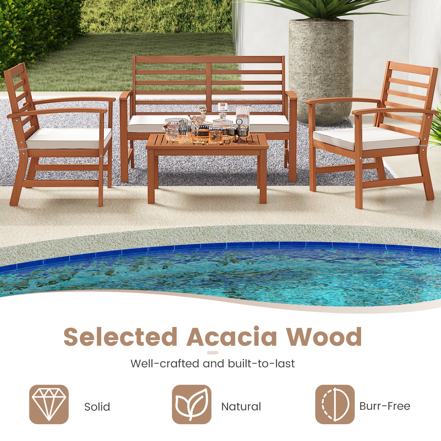 4 Pieces Outdoor Furniture Set with Stable Acacia Wood Frame, Beige Patio Conversation Sets at Gallery Canada