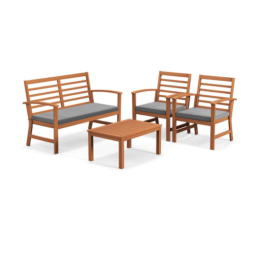 4 Pieces Outdoor Furniture Set with Stable Acacia Wood Frame, Gray