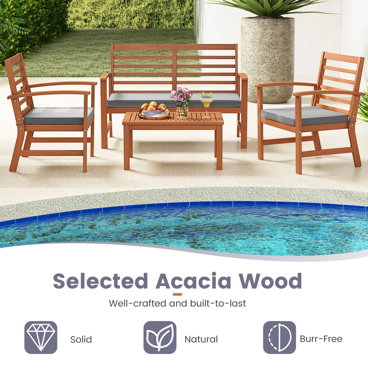 4 Pieces Outdoor Furniture Set with Stable Acacia Wood Frame, Gray