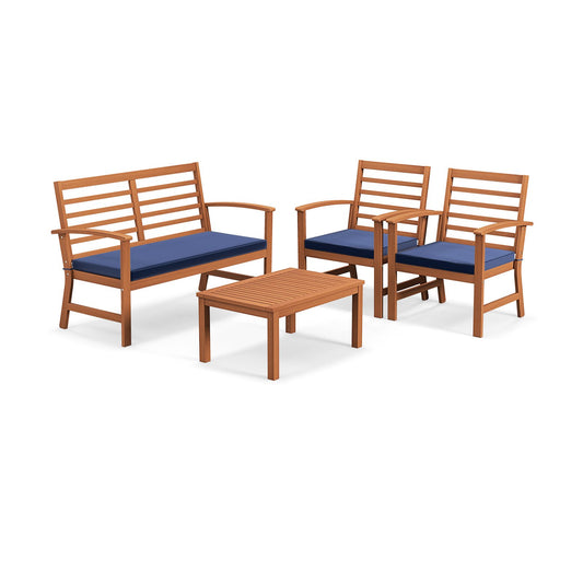 4 Pieces Outdoor Furniture Set with Stable Acacia Wood Frame, Navy