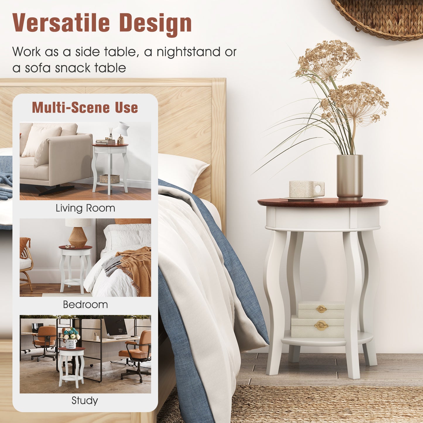 2-Tier Round End Table, Storage Shelf, Rubber Wood Legs, Walnut & White, Gray End & Side Tables at Gallery Canada