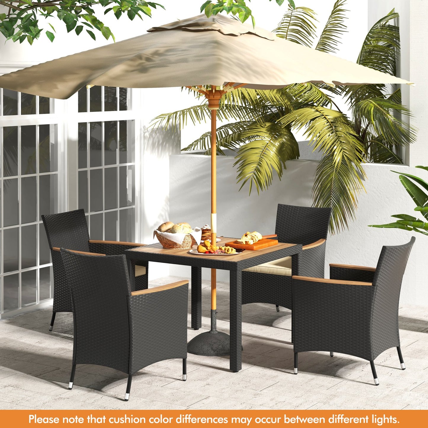 5 Pieces Patio Dining Table Set for 4 with Umbrella Hole, Black