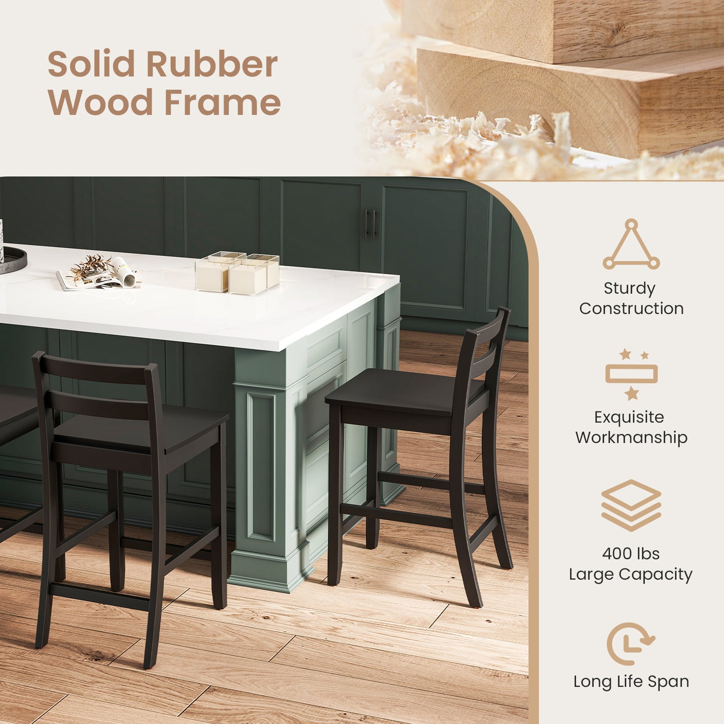 Wooden Bar Stools Set of 2 with Ergonomic Backrest and Footrest, Black Bar Stools at Gallery Canada