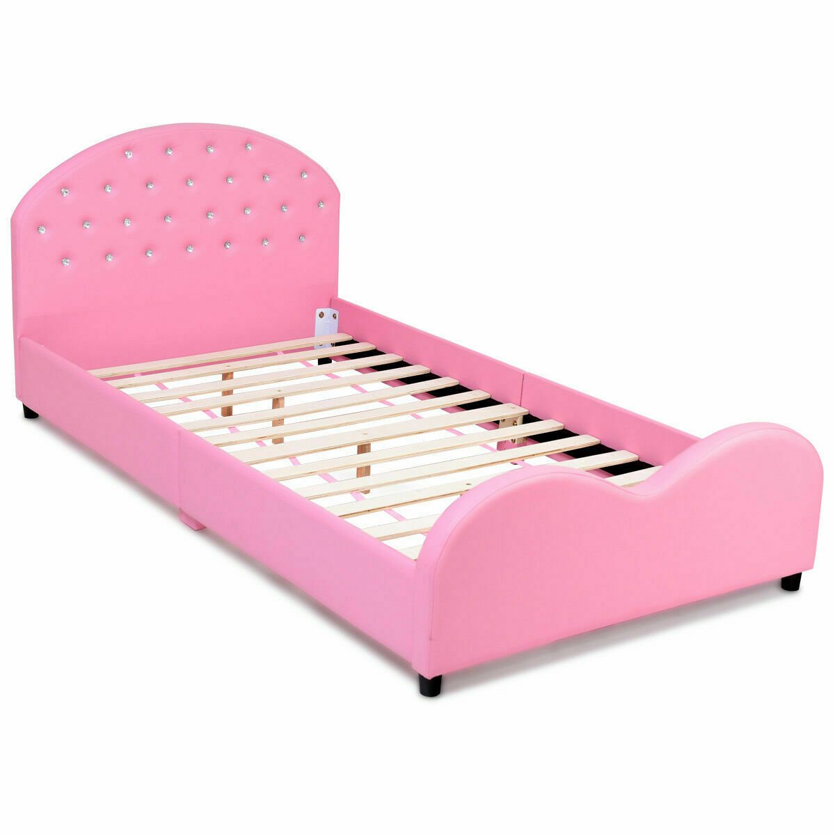 Twin Size Upholstered Platform Toddler Bed with Wood Slat Support, Pink