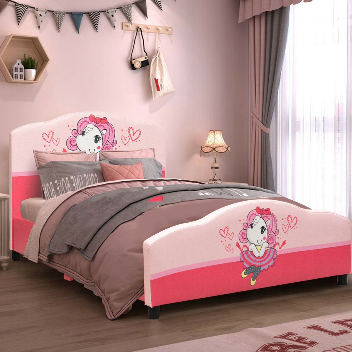 Kids Children Upholstered Platform Toddler Girl Pattern Bed, Pink