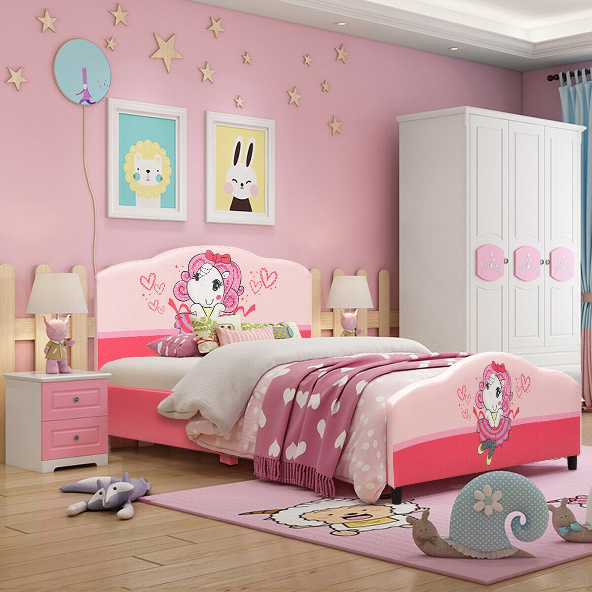 Kids Children Upholstered Platform Toddler Girl Pattern Bed, Pink