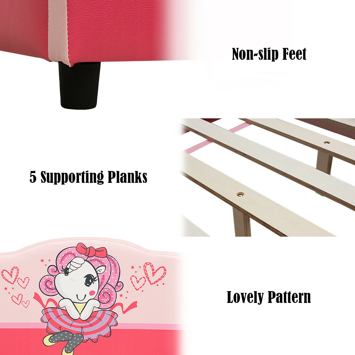 Lit à plateforme rembourré pour enfants, motif fille, rose