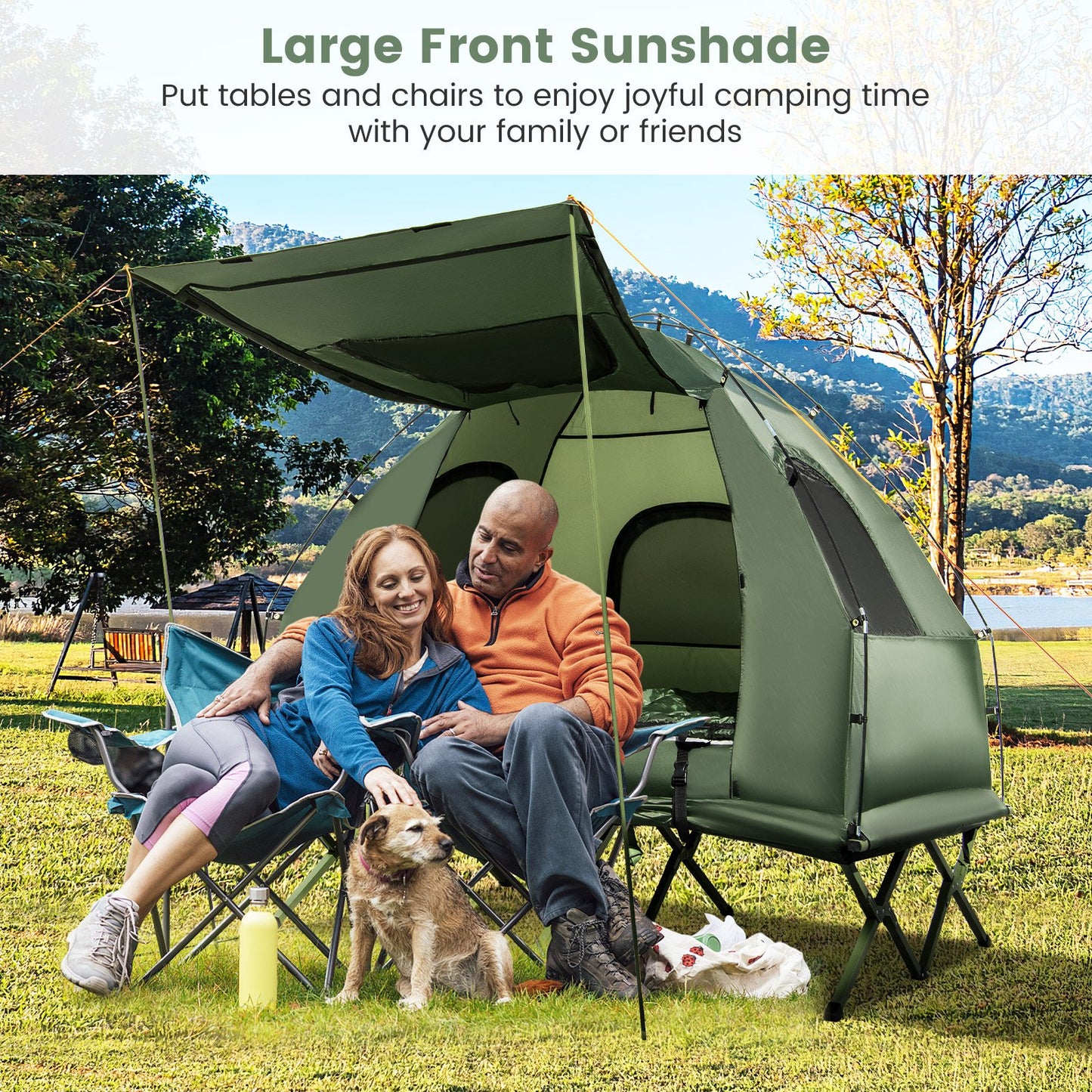 2-Person Foldable Outdoor Camping Tent Cot with Air Mattress and Sleeping Bag, Green