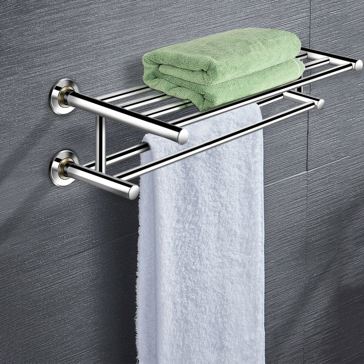 24 Inch Wall Mounted Stainless Steel Towel Storage Rack with 2 Storage Tier, Silver