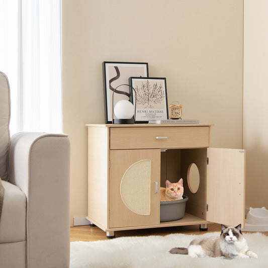 Cat Litter Box Enclosure with Sisal Scratching Doors and Storage, Natural Cat Houses Natural at Gallery Canada