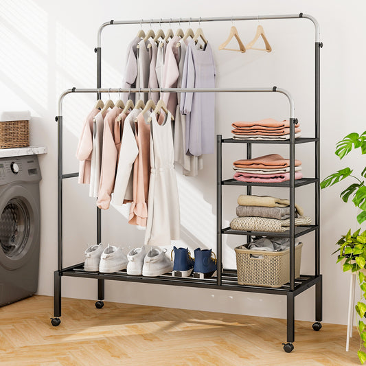 Rolling Double Rods Garment Rack, Height Adjustable Hanging Bars, Silver Coat Racks & Hall Trees Silver at Gallery Canada