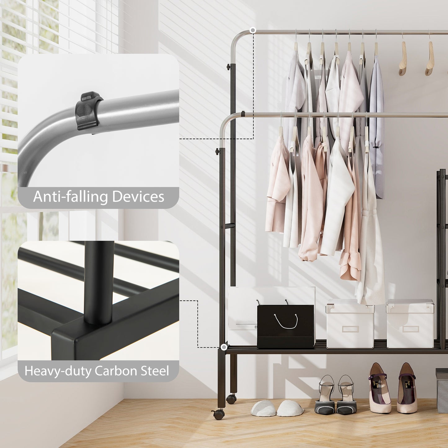 Rolling Double Rods Garment Rack, Height Adjustable Hanging Bars, Silver Coat Racks & Hall Trees at Gallery Canada