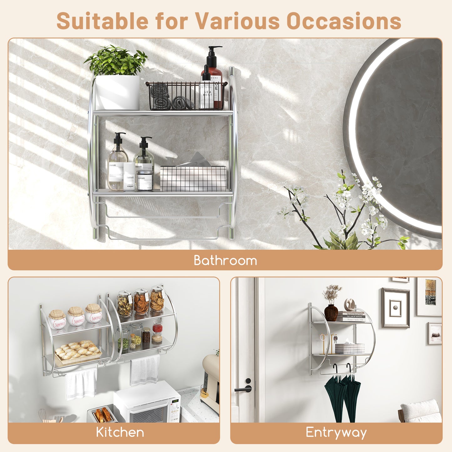 Wall Mounted 2-Tier Towel Rack, 2 Towel Bars, Silver