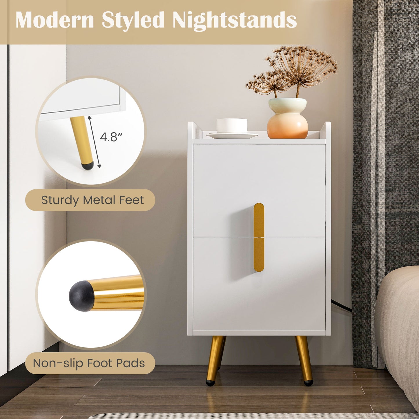 Nightstand Side Tables with 2 Drawers and 2 USB Ports, White Nightstands at Gallery Canada