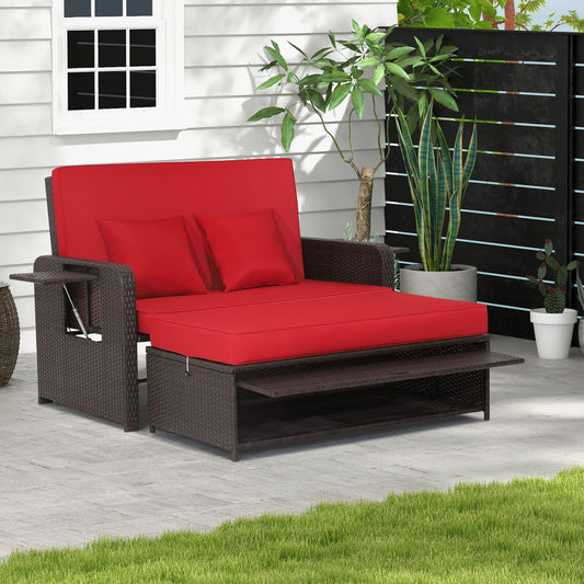 Patio Rattan Lounge Chair Set, Adjustable Backrest, Retractable Side Tray, Red