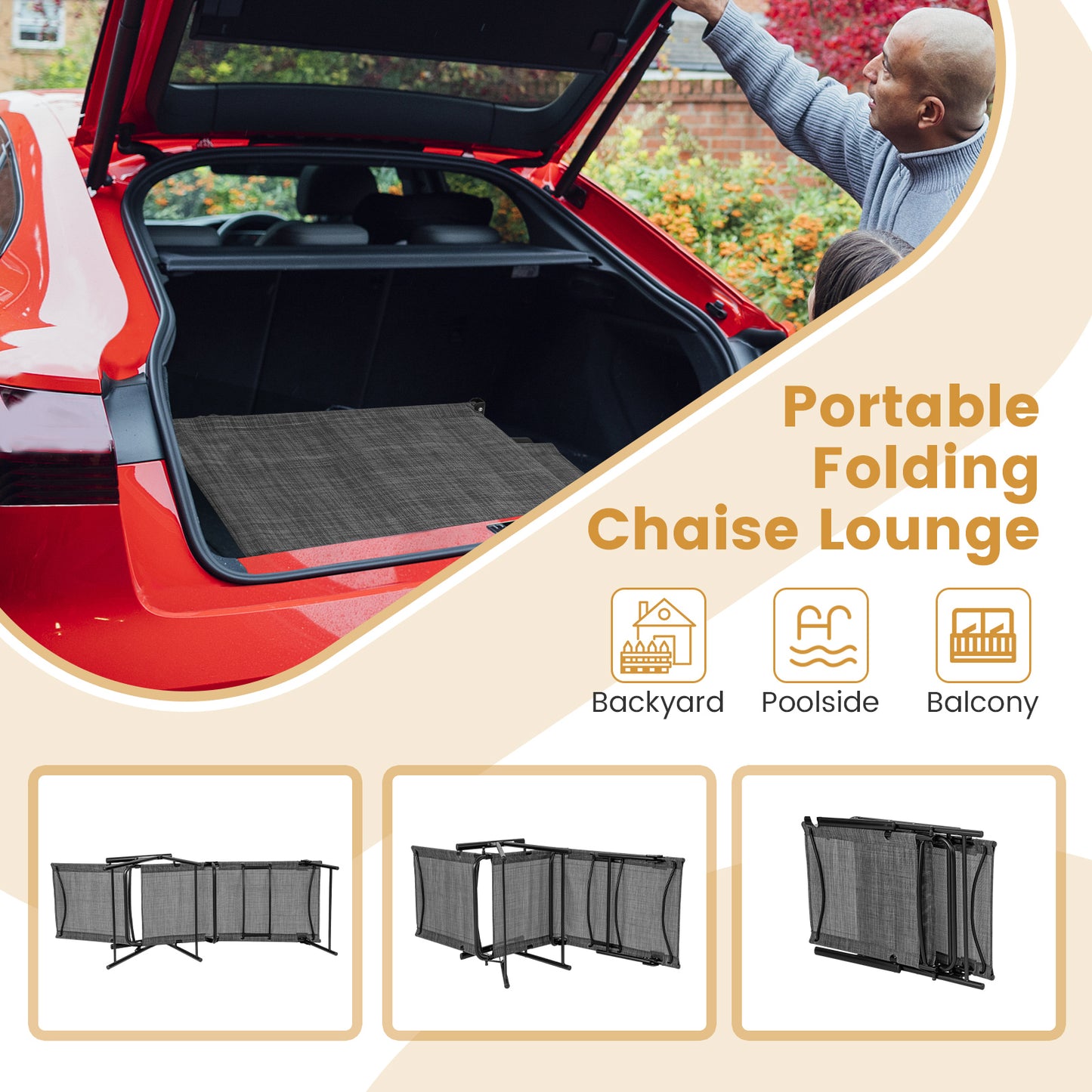 2 Piece Patio Folding Chaise Lounge Chairs Recliner with 6-Level Backrest, Gray Outdoor Chaise Lounges at Gallery Canada