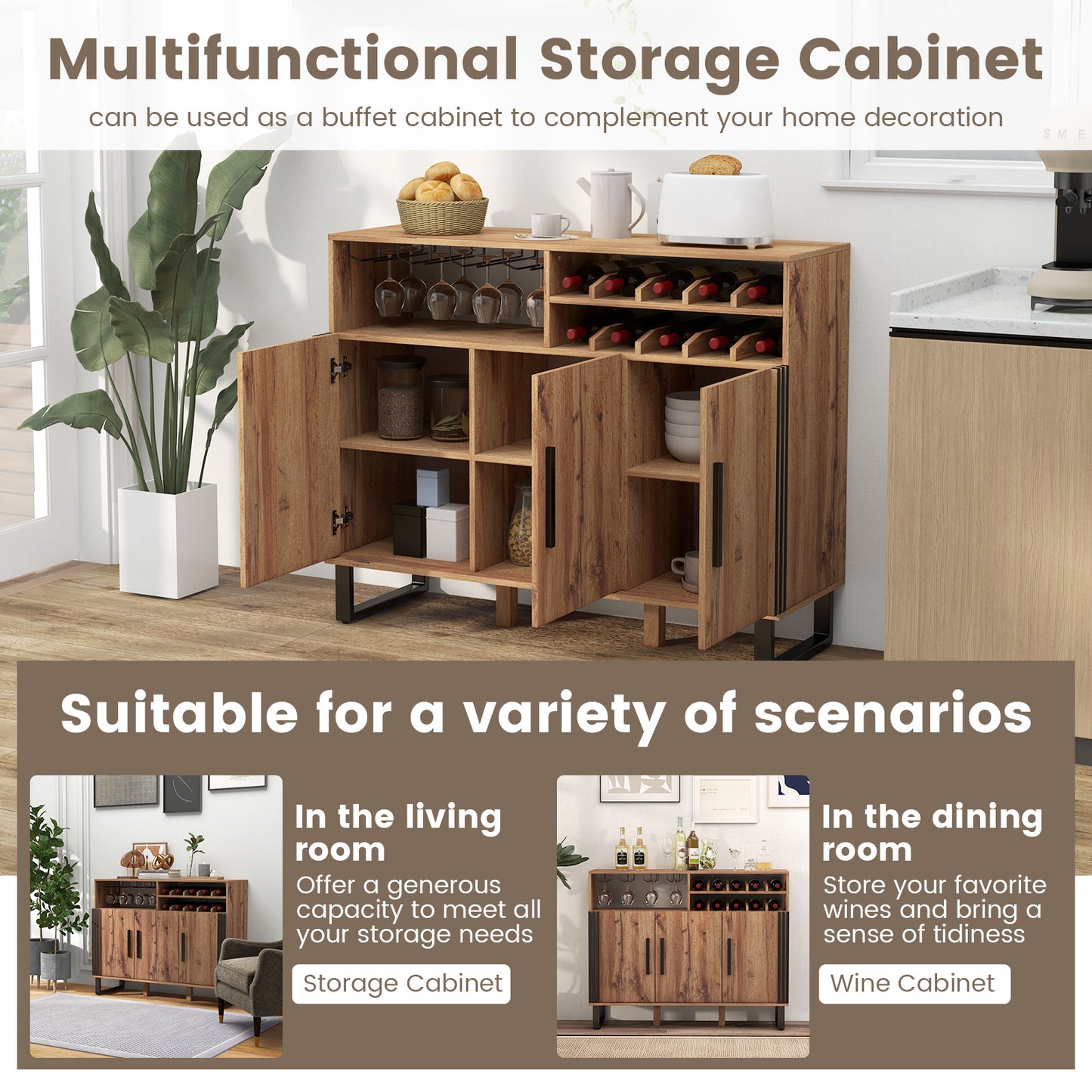 Wine Bar Cabinet, 3 Doors, Adjustable Shelves, Brown Wine Racks at Gallery Canada