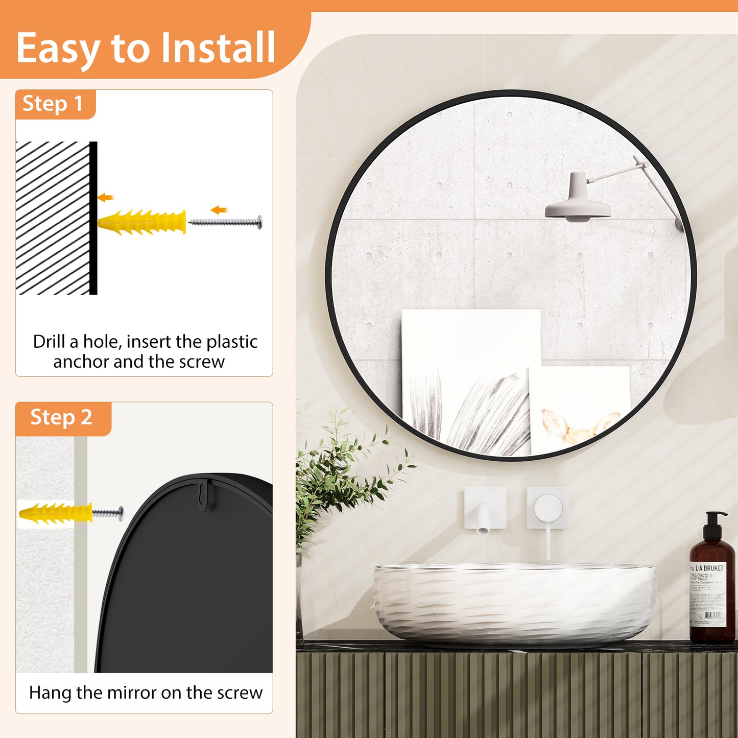 24 Inch Circle Bathroom Mirror, Explosion-Proof Film, Black Wall Mirrors at Gallery Canada
