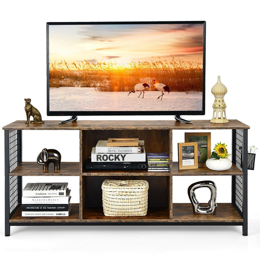 Mid-Century Wooden TV Stand with Storage Basket for TVs up to 65 Inch, Rustic Brown at Gallery Canada