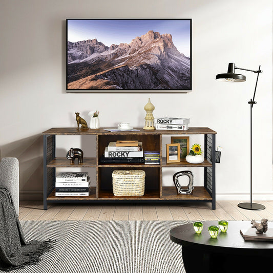 Mid-Century Wooden TV Stand With Storage Basket, 65 Inch, Rustic Brown Entertainment Centers & TV Stands Rustic Brown at Gallery Canada