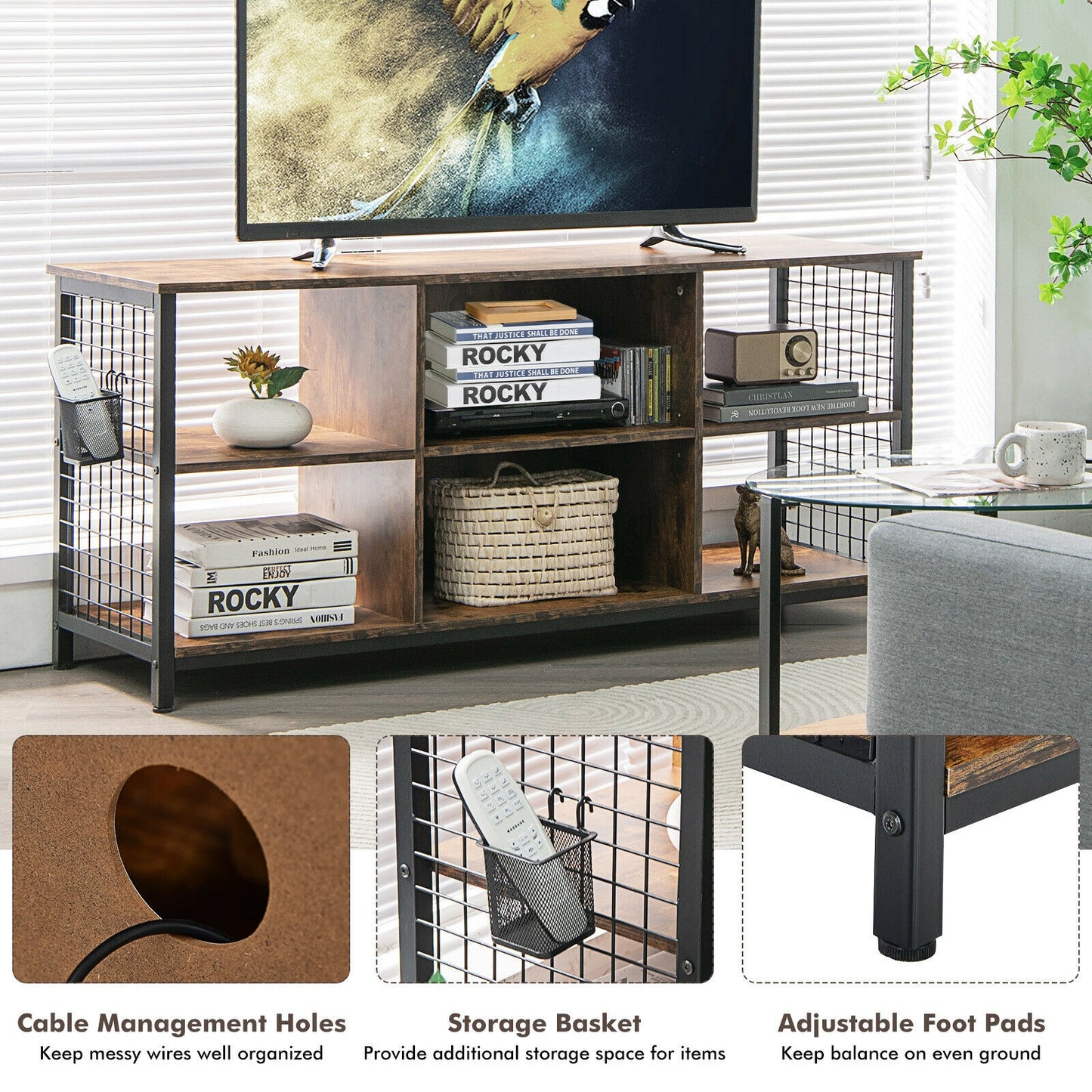 Mid-Century Wooden TV Stand With Storage Basket, 65 Inch, Rustic Brown Entertainment Centers & TV Stands at Gallery Canada