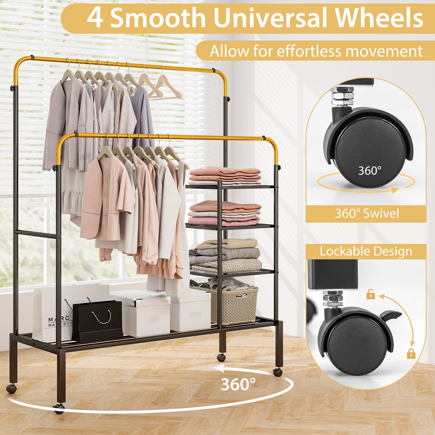 Rolling Double Rods Garment Rack with Height Adjustable Hanging Bars, Golden