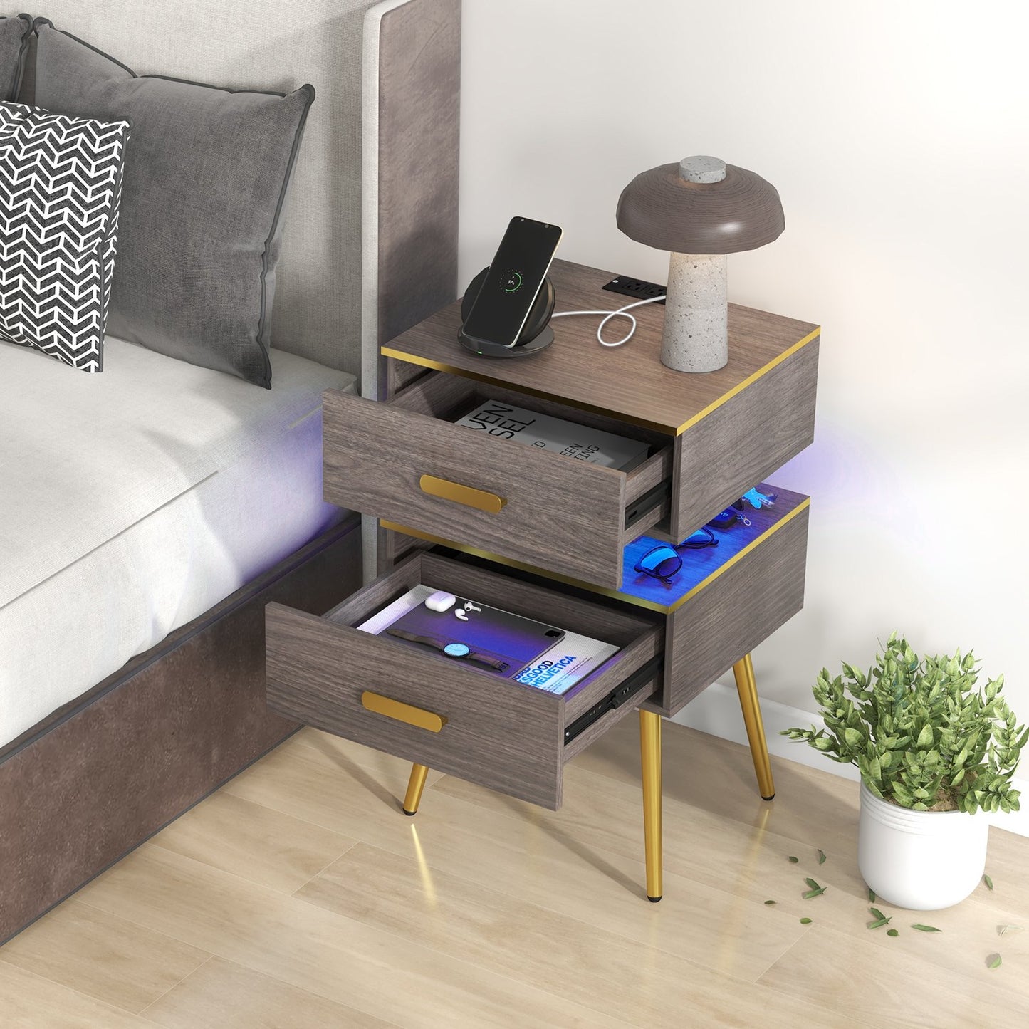 Nightstand Sofa Side Tables with Charging Station and 2 Drawers and LED lights, Gray at Gallery Canada