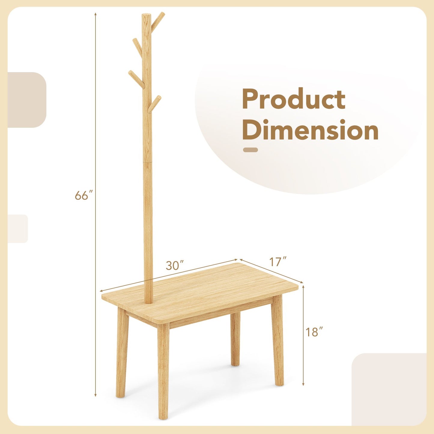 End Table with Coat Rack Solid Wood Coat Tree with 2-in-1 Side Table, Natural