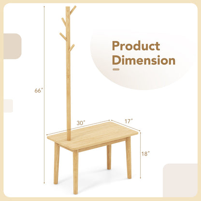 End Table with Coat Rack Solid Wood Coat Tree with 2-in-1 Side Table, Natural