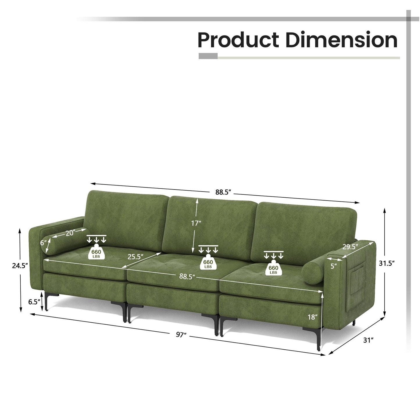 Modular 3-Seat Sofa Couch with Socket USB Ports and Side Storage Pocket, Green