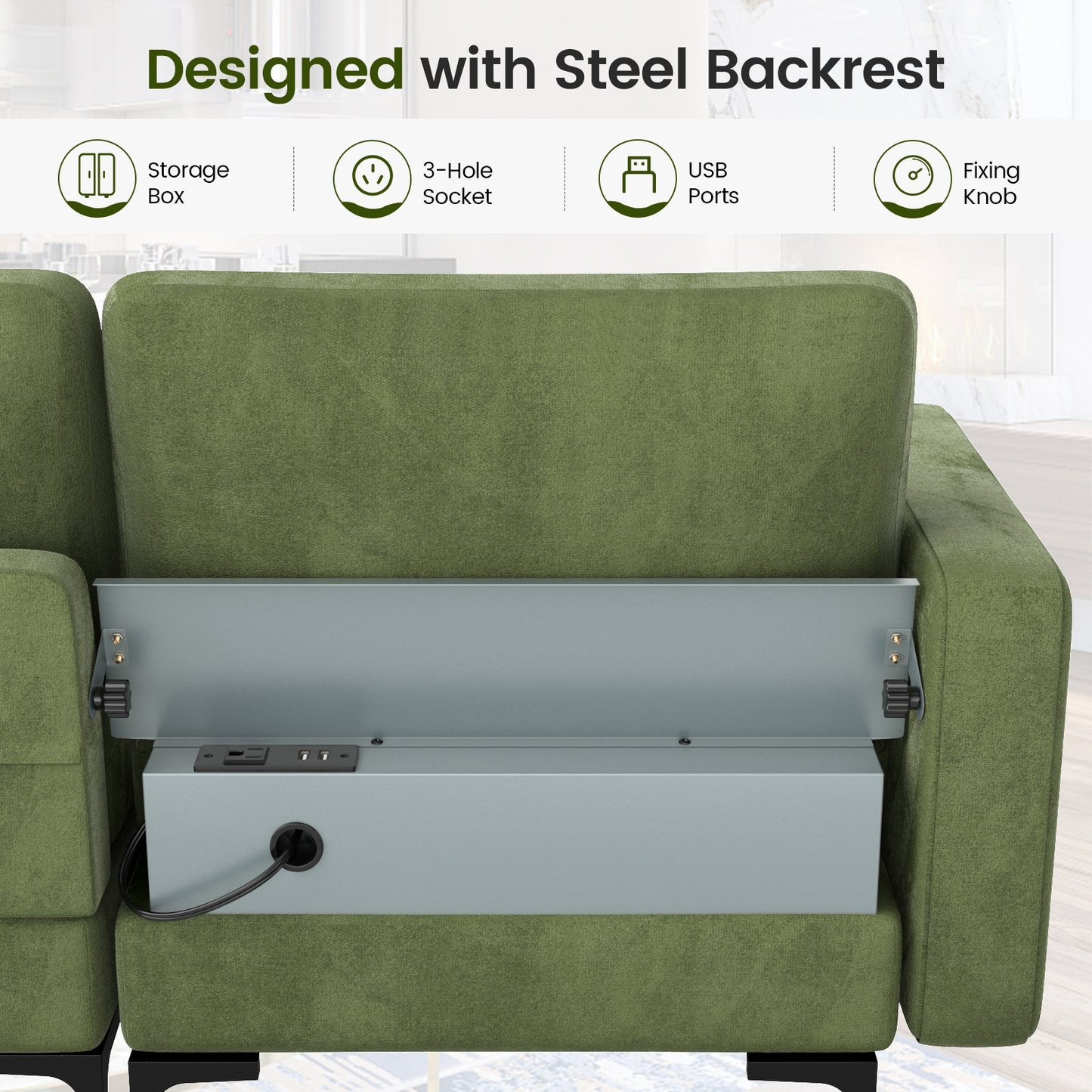 Modular 3-Seat Sofa Couch with Socket USB Ports and Side Storage Pocket, Green