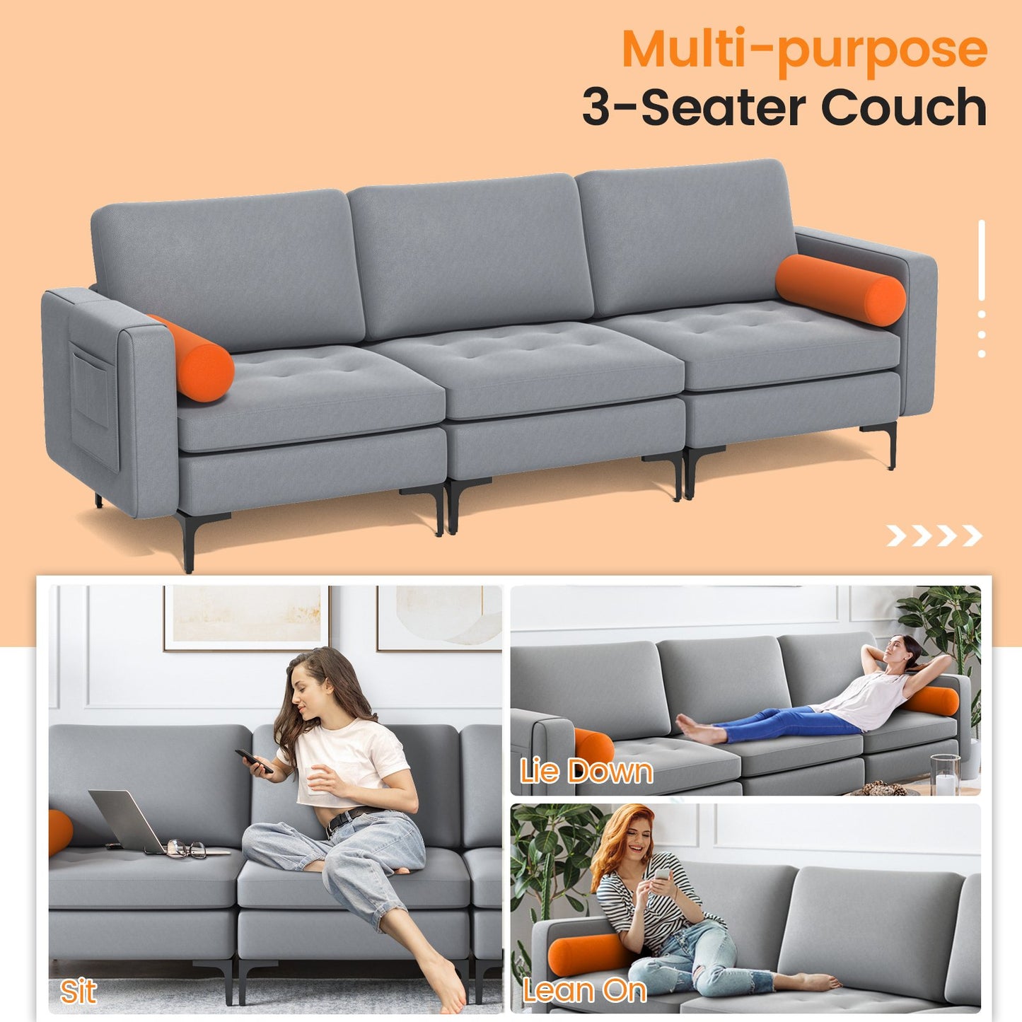 Modular 3-Seat Sofa Couch with Socket USB Ports and Side Storage Pocket, Gray