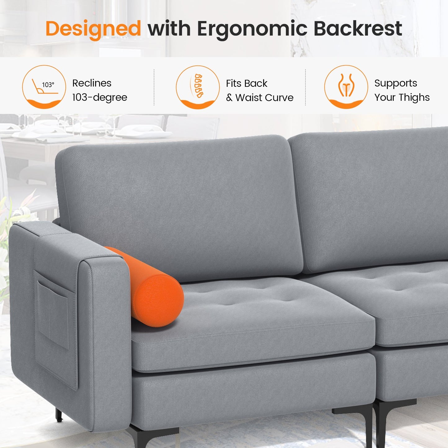 Modular 3-Seat Sofa Couch with Socket USB Ports and Side Storage Pocket, Gray